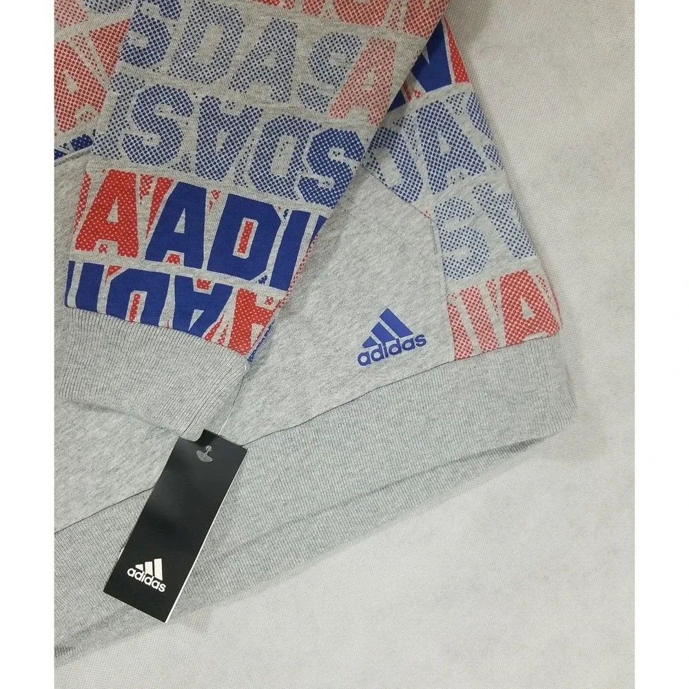 Adidas Boys Size Small Hoodie Sweatshirt Pullover Pocket Grey Red‎ Blue Logo NEW